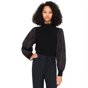 Sea NY Iris Eyelet Sweater Womens Medium Black Long Sleeve Wool Cotton Mock Neck